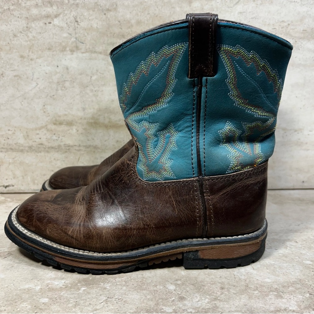 Rocky Kids Western Boots Brown Leather Teal Blue Stitched‎ Square Toe Pull On